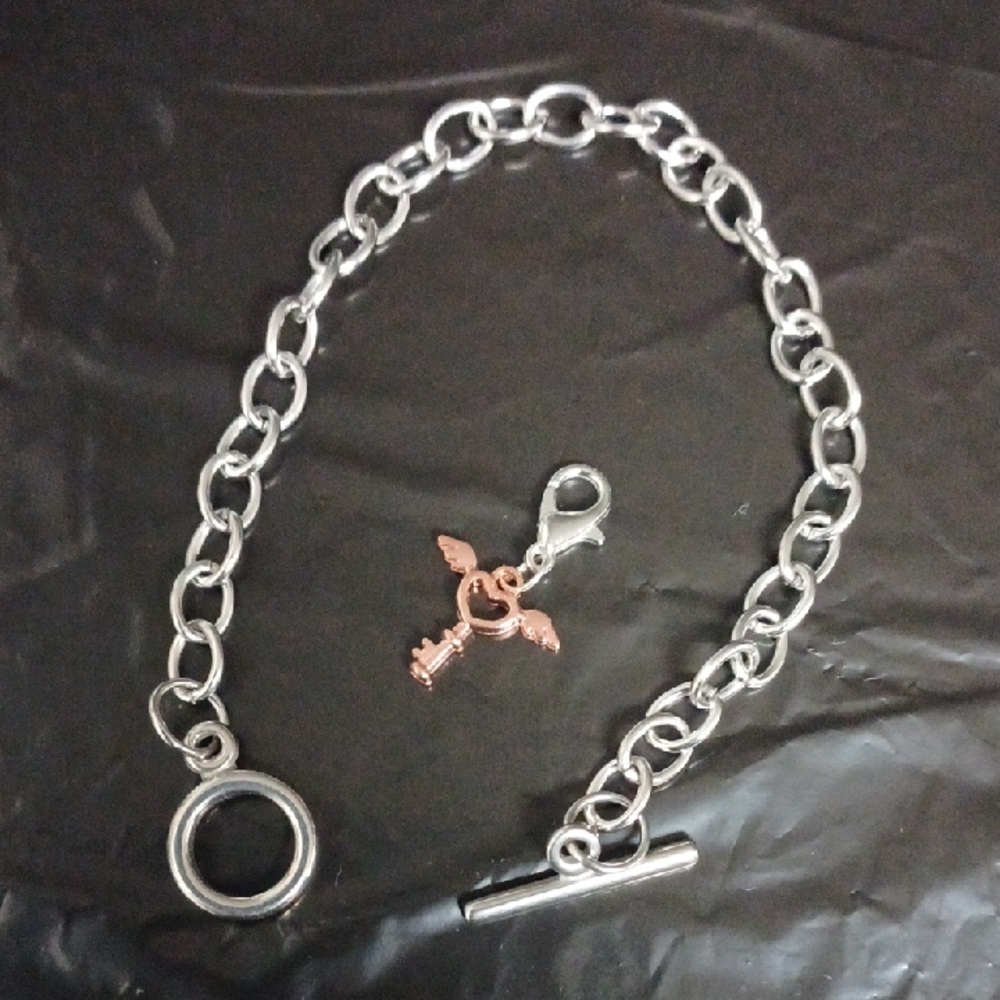4/$60 New Toggle Charm Bracelet with Winged Heart Key Charm - Hand-Made Charm